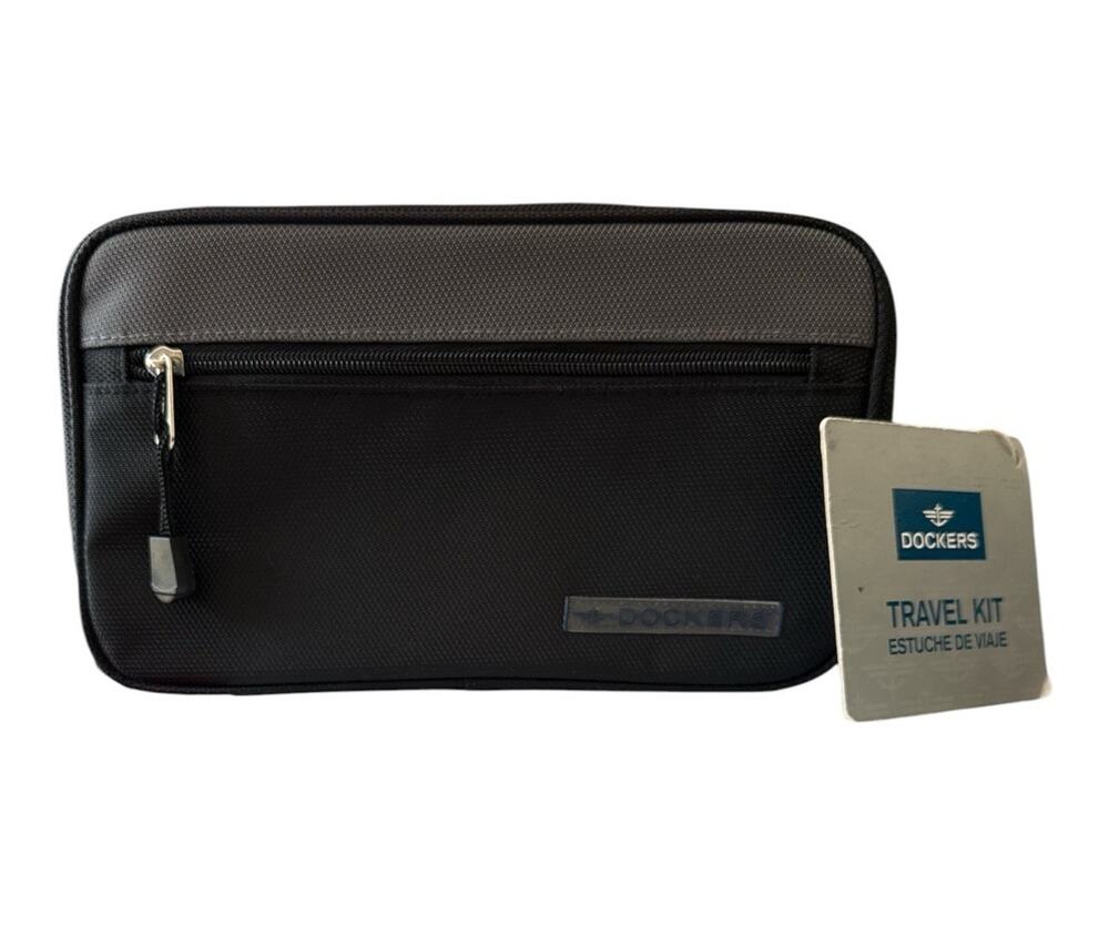 Dockers Mens Travel Kit Bag Toiletry Case Black Nylon Canvas Zipper Logo Durable